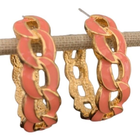Isaac Mizrahi Live! QVC Enamel Colorful Open Link Hoop Pink & Gold Earrings New - Picture 1 of 12